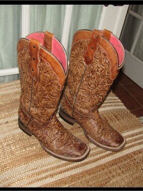 Rock'Em Brown Tooled Leather Women's Cowboy Boots - Pink Lining